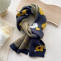 Dark grey knitted scarf with yellow floral pattern and ribbed edges on cream background - Big Floral Gray