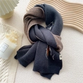Winter knit scarf featuring navy cat jacquard and brown houndstooth reversible design - Painting Gray