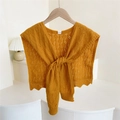 Ginger yellow knitted shawl with hollow diamond pattern and decorative knot detail - 46*105cm / Orange