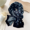 Chic black knitted scarf with blue flower patterns and F-logo tag for women - Flower Branch Black