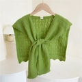 Fashionable grass green knit shawl wrap with hollow diamond patterns and scalloped edges - 46*105cm / Green