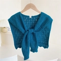 Elegant peacock blue knitted shawl with crochet hollow design and tie-front strap detail - 46*105cm / Blue