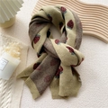 Thick knitted scarf in light khaki featuring red and green strawberry jacquard patterns - Strawberry Beige