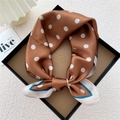Polka dot mulberry silk scarf in caramel brown with blue accents in a gift box - Frame Polka Dot Caramel