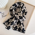 Thick knitted argyle scarf in black and white check pattern with laundry label - Black and White Rhombus
