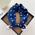 Navy blue silk square scarf with white polka dots and red trim in a gift box - Frame Polka Dot Navy
