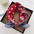 Red silk square scarf with white polka dots and navy stripes in elegant gift box - Double Ring Polka Dot Red