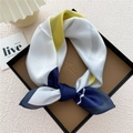 Elegant silk scarf with navy, yellow and white geometric color-block in gift box - Heart Line Patchwork Yellow