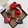 Silk square scarf in vintage red, green, and navy blue with elegant bow knot styling - Heart Line Patchwork Red