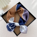 Silk neck scarf with geometric color blocks in caramel and navy in a black gift box - Heart Line Patchwork Purple