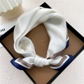 White silk scarf with brown and navy stripes in a gift box, elegant bow tie presentation - Rice Geometric Node (21Z)