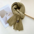 Olive green knitted scarf for women with ribbed texture and decorative label - Olive Green (Brown Label)