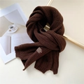 Deep coffee brown knitted scarf with ribbed texture and minimalist letter patch - Brown (Brown Label)