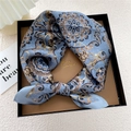 Blue baroque silk square scarf with vintage pattern displayed in a premium gift box - Blue Flower Scale (6Z)