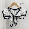 Women's black and white silk scarf shawl with H monogram and decorative bow tie knot - White with Black Letter H