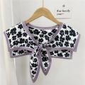Floral print decorative shawl collar with purple trim and adjustable bow tie - Black Floral Purple Edge