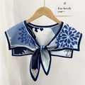 Blue floral fake collar shawl with bow tie ribbon for women office wear accessory - Teardrop Patchwork Navy