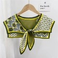Olive green and yellow floral silk scarf shawl with a decorative front bow tie closure - Flower Petal Green