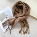 Chic camel-colored knit scarf with thick fringe tassels and a soft woven texture - Camel