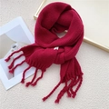 Deep red heavy knit scarf for women featuring premium thick weave and long tassels - Red
