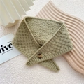 Olive green chunky knit neck warmer with a brown button and textured grid pattern - 10*60cm / Green