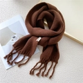 Thick dark brown knit scarf for women with textured tassel edges and white brand label - Brown