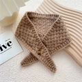 Short knitted scarf with button detail in warm khaki waffle weave for winter - 10*60cm / Camel