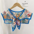 Retro colorful illustration scarf shawl with blue border and decorative front bow knot - Art Exhibition Blue