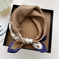 Brown floral silk scarf with blue border and gift box for neck and hair styling - Camel Small Cashew Flower (36Z)