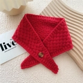 Red knit scarf with wooden button closure on white textured background, retro style - 10*60cm / Red