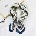 Elegant floral silk scarf with white base and navy blue border in a stylish neck tie knot - Beige Navy Floral Grid (24 Flower Grid Beige Navy)