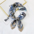 Elegant 70cm square silk scarf with vintage blue floral prints and geometric borders - Khaki Floral Grid Patchwork (5 Floral Grid Khaki)