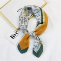 Silk-textured square scarf with floral daisy pattern and mustard yellow border design - Orange Daisy Patchwork (10 Daisy Patch Orange)