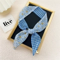Floral daisy print and blue gingham skinny scarf for hair styling or handbag handle - Daisy Grid Blue
