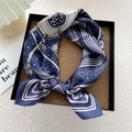 Navy blue printed silk scarf with classic paisley and chain pattern in a gift box - Navy Horse Cashew (32Z)