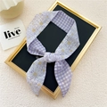Narrow purple silk scarf featuring daisy floral and plaid patterns for hair and bags - Daisy Grid Purple