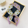 Narrow lavender floral silk scarf tie for neck or bag decoration with purple borders - Yellow Plum Pink