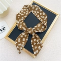 Elegant vintage brown narrow silk scarf with white floral pattern tied on frame - 6*95cm / Camellia Polka Dot Khaki