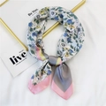 Silk-like square neck scarf featuring blue floral pattern and pink geometric borders - Grey Pink Daisy Patchwork (12 Daisy Patch Grey Pink)