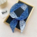 Narrow navy blue floral scarf with white flower patterns and a bow-knot tie design - White Epiphyllum Blue