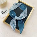 Blue and white tropical palm tree print skinny scarf with white letter A accent - Palm Tree Blue