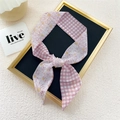 Pink narrow silk scarf with floral daisy prints and classic plaid pattern for women - Daisy Grid Pink