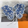 Navy blue faux collar with white floral embroidery and ribbon tie for women - Blue Floral Embroidery