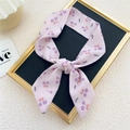 Pink silk skinny scarf with purple cherry patterns and Hello lettering tied in a frame - 6*95cm / Bow Cherry Pink