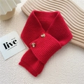 Red ribbed knit neck warmer with dual wooden buttons and thick wool texture - Red