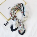 Silk-like beige floral neck scarf with elegant contrast black and blue border for women - Beige Daisy Patchwork (9 Daisy Patch Beige)