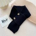 Black chunky knit button scarf for women featuring dual decorative wooden buttons - Black
