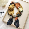 Artistic floral silk twilly scarf with ginger and navy blue print in knotted style - 17 Black Forest Stripe