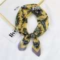 Elegant bright yellow silk scarf featuring floral print and light purple border accents - Yellow Floral Grid (20 Flower Grid Yellow)