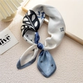 Elegant blue and white gradient silk scarf with black monstera and floral leaf patterns - 20 Blue Geometric Leaf
